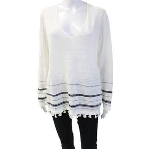 White Label Women Tunic White Linen Striped V-Neck Long Sleeve Beach Size 10